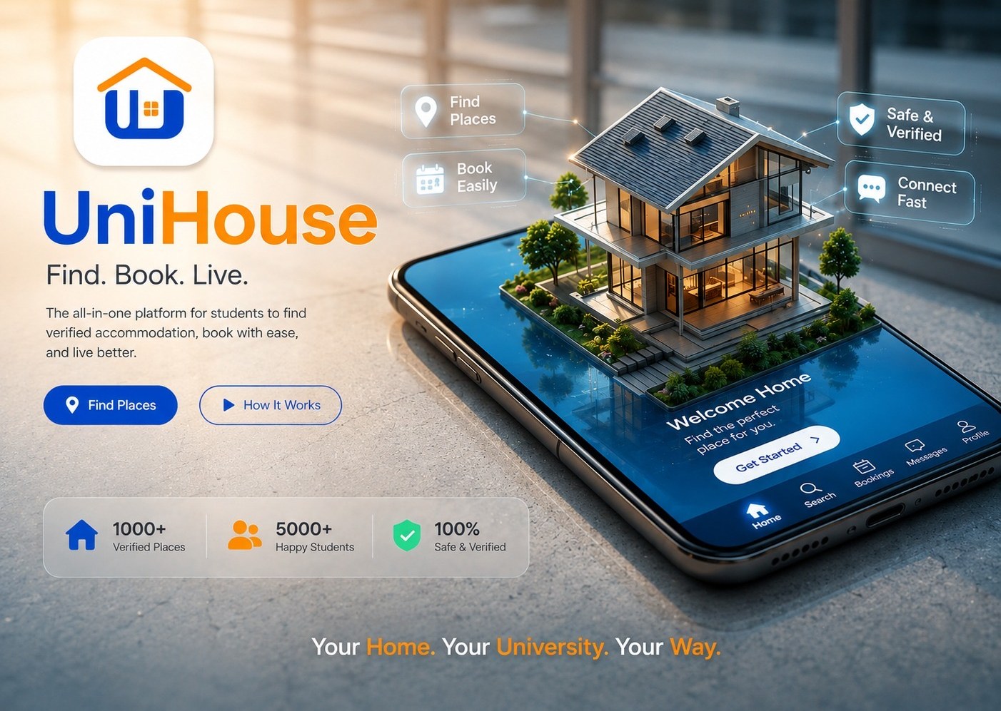 UniHouse: find, book, live. The all-in-one platform for students to find verified accommodation, book with ease, and live better. Over 1000 verified places, 5000 happy students.